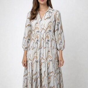 Calstyle Womens Tiered Maxi Dress XL Marble Print Boho Long Sleeve
